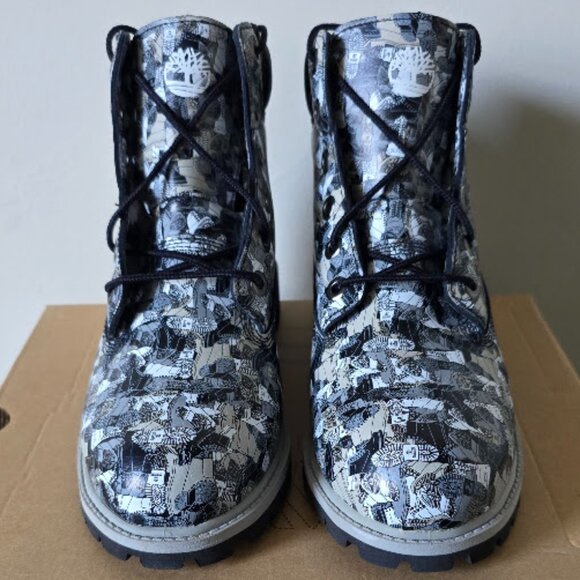 NIB Timberland Black White & Gray Camo Patterned Leather 6" Lug Sole Boots - Picture 6 of 16